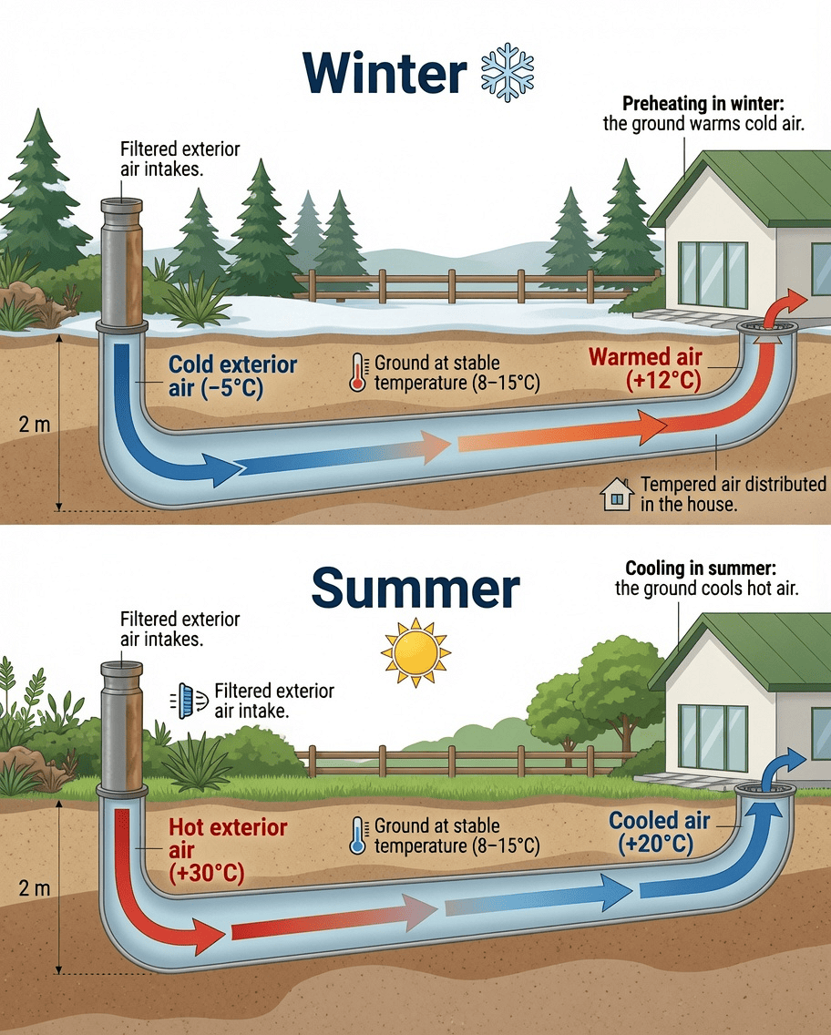 Earth tube geothermal system diagram showing winter preheating and summer cooling — cold or hot exterior air passes through underground pipes at stable ground temperature (8–15°C) to deliver tempered air into the building