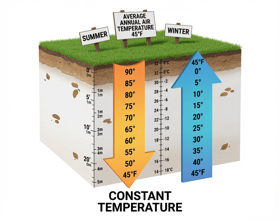 Geothermal ground temperature diagram showing constant subsurface temperature of 45°F year-round regardless of summer or winter surface conditions